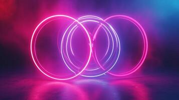 ai generiert Neon- Ringe Verriegelung im ein abstrakt Formation, Erstellen ein jenseitig Portal von leuchtend Energie. foto