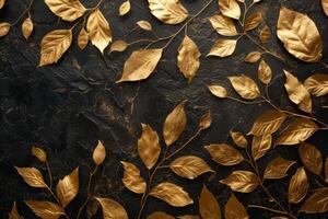 ai generiert opulent Gold Blatt Muster auf ein Mitternacht schwarz Leinwand, ausströmend Eleganz und Extravaganz. foto