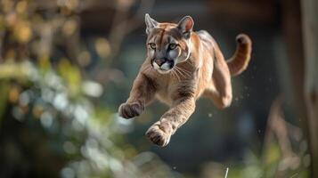 ai generiert Puma ist gefangen im in der Luft. es ist belastbar Muskeln sind straff, und es ist springen anmutig im es ist Gehege. foto