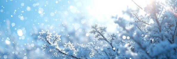 ai generiert Winter Wunderland Szene vorstellen ein heiter Winter Einstellung, mit rein Weiß Schneeflocken glitzernd im das Sonnenlicht gegen ein Licht Blau Hintergrund. foto