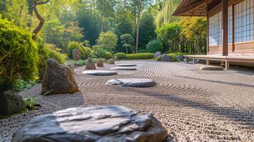 ai generiert still Zen Garten mit geharkt Kies Linien, verkörpern Gelassenheit und Einfachheit im Natur. foto