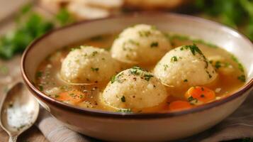 ai generiert ein Schüssel von Matze Ball Suppe, ein jüdisch Komfort klassisch, mit flauschige Matze Bälle im Hähnchen Brühe. foto