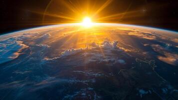 ai generiert ein atemberaubend Aussicht von Erde von Raum, mit Kontinente und Ozeane beleuchtet durch Sonnenlicht. foto