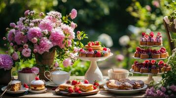 ai generiert ein charmant Garten Party mit Tee und Kuchen, umgeben durch Blühen Blumen im voll Frühling blühen. foto