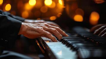 ai generiert ein Nahansicht von ein Pianisten Hände auf das Schlüssel, ausdrücken das Kunst von klassisch Musik. foto