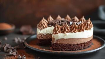 ai generiert ein paradiesisch Schokolade Mousse Kuchen mit Schichten von samtig Schokolade und ausgepeitscht Creme. foto