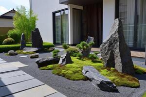 ai generiert ein Zen-inspiriert Felsen Garten, minimalistisch und heiter, mit vorsichtig platziert Steine und Moos. foto