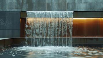 ai generiert abstrakt Aussicht von ein städtisch Atrium, ein Kaskadierung Wasserfall inmitten Stahl und Beton Umfeld. foto