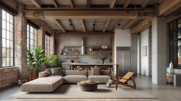 ai generiert minimalistisch Innere von ein geräumig, Offenes Konzept Dachgeschoss, mit industriell Beton und ausgesetzt Balken. foto