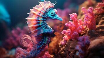 ai generiert ein Nahansicht von ein neonhell Seepferdchen, mischen einwandfrei mit es ist Koralle Umfeld. foto