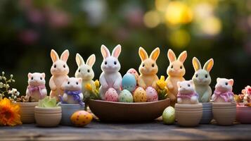 ai generiert ein festlich Ostern Plattform mit charmant Hase Figuren und ein Array von bunt Eier. foto