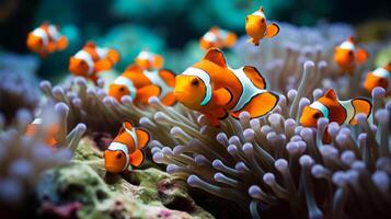 ai generiert ein Kaleidoskop von Clownfisch Dart unter das schwankend Anemone, Bildung ein malerisch Symbiose. foto