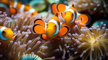 ai generiert ein Kaleidoskop von Clownfisch Dart unter das schwankend Anemone, Bildung ein malerisch Symbiose. foto