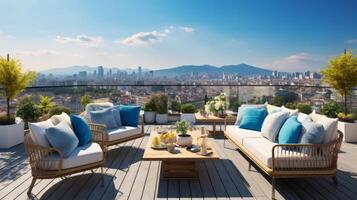 ai generiert ein luxuriös Penthouse Terrasse mit Panorama- Stadt Ansichten und Designer draussen Möbel foto