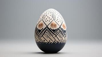ai generiert ein minimalistisch Ostern Ei mit kompliziert geometrisch Muster im stumm geschaltet Töne, ruhen auf ein Sanft grau Oberfläche. foto