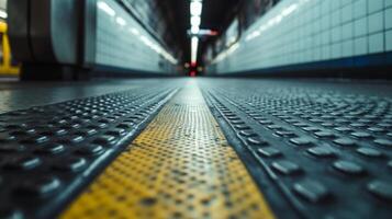 ai generiert ein Nahansicht von ein U-Bahn Station texturiert Fliesen, präsentieren das taktil Wesen von städtisch Transit foto