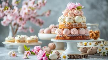 ai generiert ein schick Ostern Dessert Verbreitung mit dekadent Leckereien und schön gefertigt Süßwaren foto