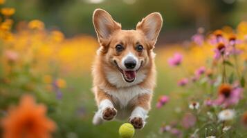 ai generiert ein flauschige Corgi springen zum ein Tennis Ball, Ohren fliegend, inmitten Blühen Wildblumen foto