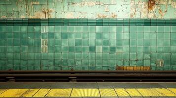 ai generiert ein Nahansicht von ein U-Bahn Station texturiert Fliesen, präsentieren das taktil Wesen von städtisch Transit foto