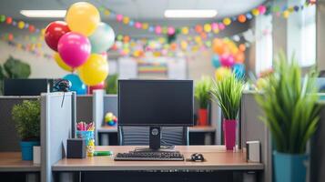 ai generiert ein Kabine dekoriert zum ein Kollegen Geburtstag, bringen Lachen und Feierlichkeiten zu das Arbeitsplatz foto