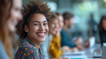 ai generiert Kollegen Teilen ein herzhaft Lachen während ein produktiv Brainstorming Session im ein modern Büro foto