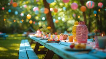 ai generiert festlich Picknick Tabellen geschmückt mit Pastell- Dekorationen, einladend freudig Versammlungen foto