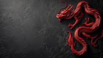 ai generiert schön schwarz minimalistisch Hintergrund mit rot Chinesisch rot Drachen auf das richtig foto