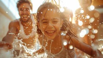 ai generiert Familie Mitglieder haben ein Wasser Kampf während Frühling Reinigung, spritzt von Freude überall foto