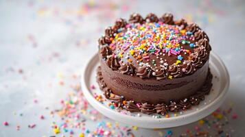 ai generiert ein herrlich Schokolade Kuchen gekrönt mit beschwingt Regenbogen Sträusel, einstellen gegen ein heiter Weiß Hintergrund foto