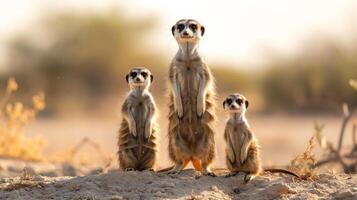 ai generiert ein Familie von Erdmännchen Stehen Wächter im das trocken Wüsten von Afrika. foto