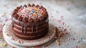 ai generiert ein herrlich Schokolade Kuchen gekrönt mit beschwingt Regenbogen Sträusel, einstellen gegen ein heiter Weiß Hintergrund foto