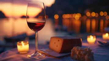 ai generiert ein Bild von ein Wein Glas und Käse auf ein romantisch Tisch, Billigung Gaststätten. foto