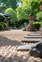 ai generiert ein still japanisch Garten mit sorgfältig geharkt Kies und heiter Stein Laternen foto
