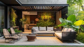 ai generiert ein einladend draussen Terrasse mit zeitgenössisch Möbel und üppig Grün foto