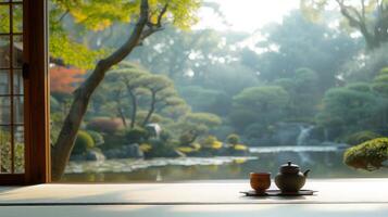 ai generiert genießen ein traditionell Tee Zeremonie im ein still japanisch Garten. groß Copyspace Bereich mit Kopieren Raum zum Text, nicht zentriert Komposition foto