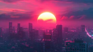 ai generiert Synthwave Sonnenuntergang. ein Sonnenuntergang Über ein futuristisch Stadt Horizont mit Neon- Beleuchtung, inspiriert durch Synthwave Musik- foto