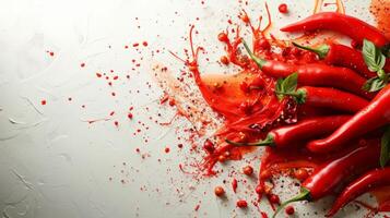 ai generiert beschwingt Salsa Spritzer und Chili Pfeffer Motive, reflektieren würzig Küche foto