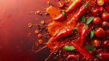 ai generiert beschwingt Salsa Spritzer und Chili Pfeffer Motive, reflektieren würzig Küche foto