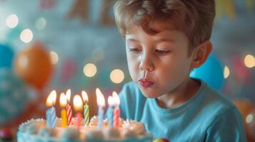 ai generiert ein Geburtstag Junge weht aus Kerzen, Herstellung ein Besondere Wunsch foto