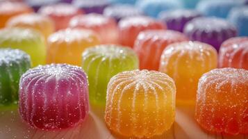 ai generiert ein Sammlung von mundgerecht Gelee Süßigkeiten, präsentieren ihr glänzend foto