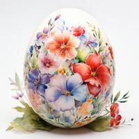 ai generiert ein herrlich Aquarell Ostern Ei geschmückt mit bunt Blumen, einstellen gegen ein sauber Weiß Hintergrund foto