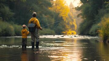 ai generiert ein Vater und Sohn Gießen ihr Angeln Linien in ein friedlich Fluss, umgeben durch der Natur Schönheit foto