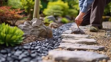 ai generiert ein Gruppe von Gärtner kultivieren ein heiter japanisch Felsen Garten foto