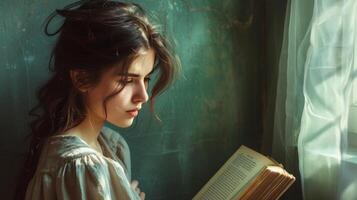 ai generiert ein Mädchen aufmerksam lesen ein Roman zum ihr Literatur Klasse, entkommen in das Welt von Wörter foto
