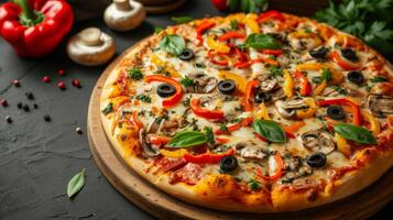 ai generiert ein Vegetarier Pizza mit bunt Glocke Pfeffer, Pilze, Oliven, und geschmolzen Käse foto