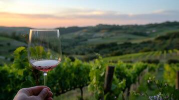 ai generiert ein Wein Glas gehaltenen gegen ein Hintergrund von üppig Weinberge und rollen Hügel foto