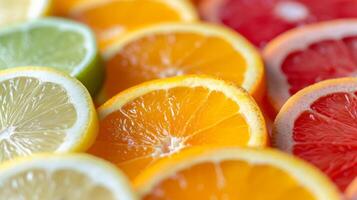 ai generiert ein Sortiment von geschnitten Zitrusfrüchte Früchte, ausströmend ein scharf und belebend Aroma foto