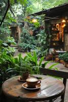 ai generiert ein rustikal Cafe Tabelle einstellen gegen ein üppig Garten Hintergrund, einladend Entspannung. foto