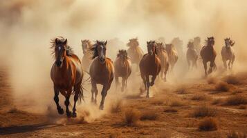 ai generiert Staub Tritte oben wie ein Herde von Pferde Rennen über ein trocken Wüste Terrain foto