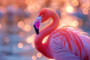 ai generiert ein männlich Flamingo stolz Anzeigen es ist hell Gefieder während ein beschwingt Werbung tanzen foto